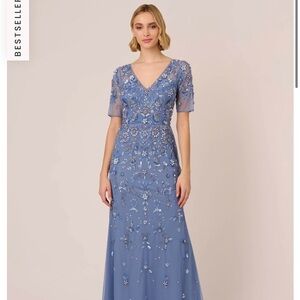 Adrianna Papell Blue Sequin Embellished Maxi Gown